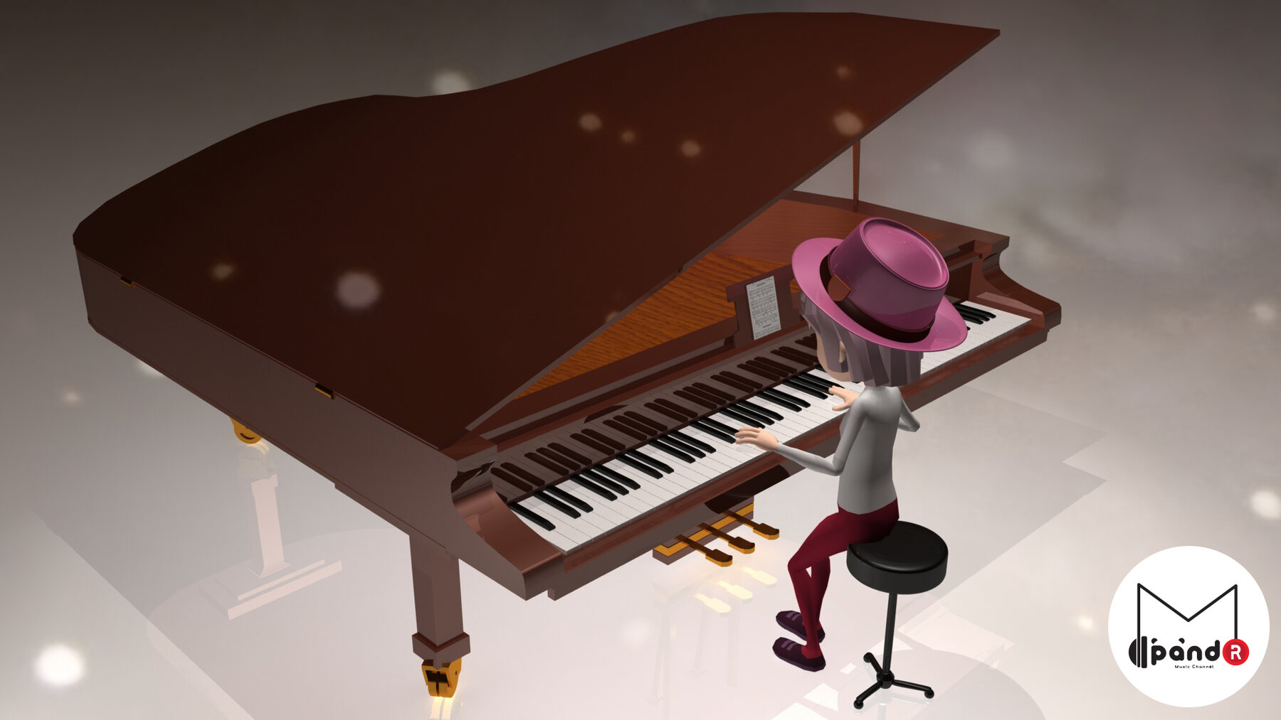 PandaR Music Channel branded shot of a character playing grand piano