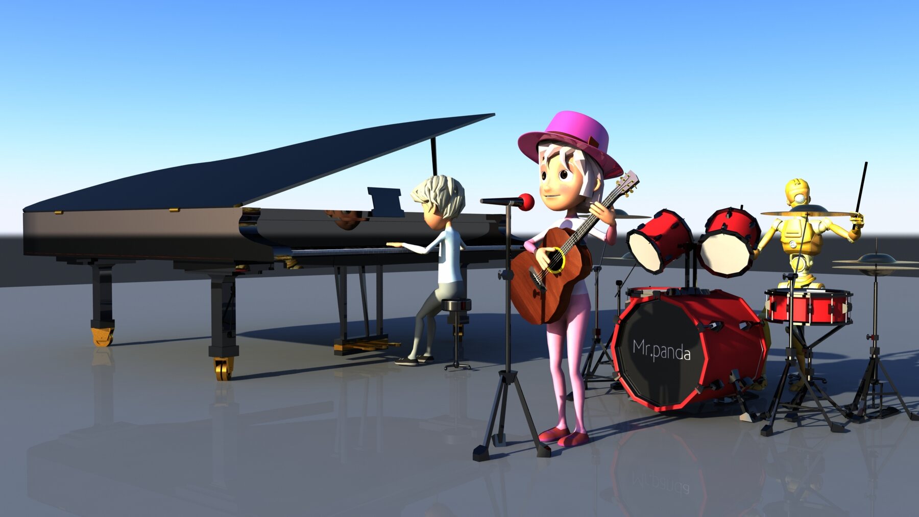 Low angle shot of the piano, guitar singer, and robot drummer performing together
