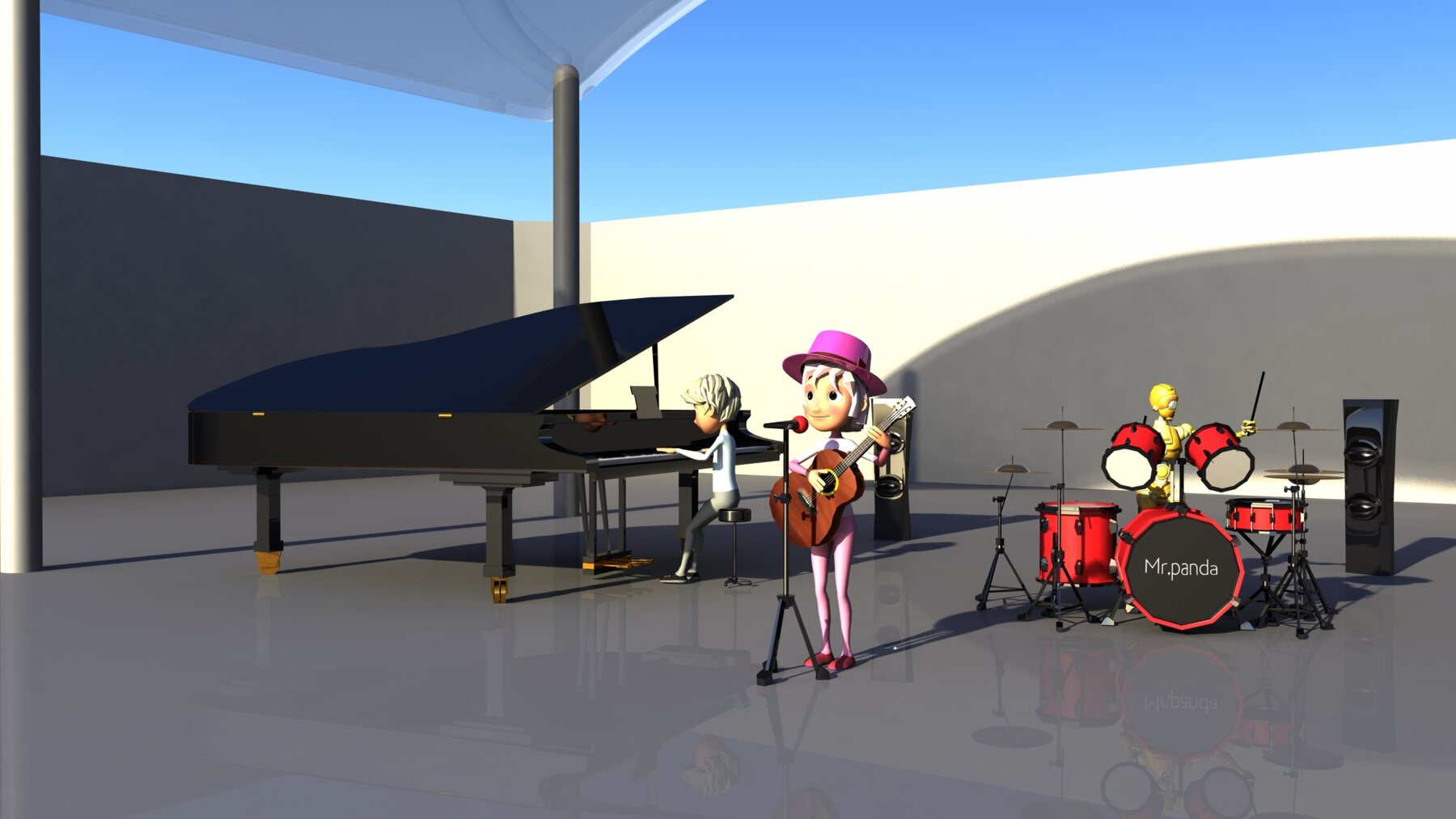 PandaR music band 3D characters performing on stage: piano, guitar, and robot drummer
