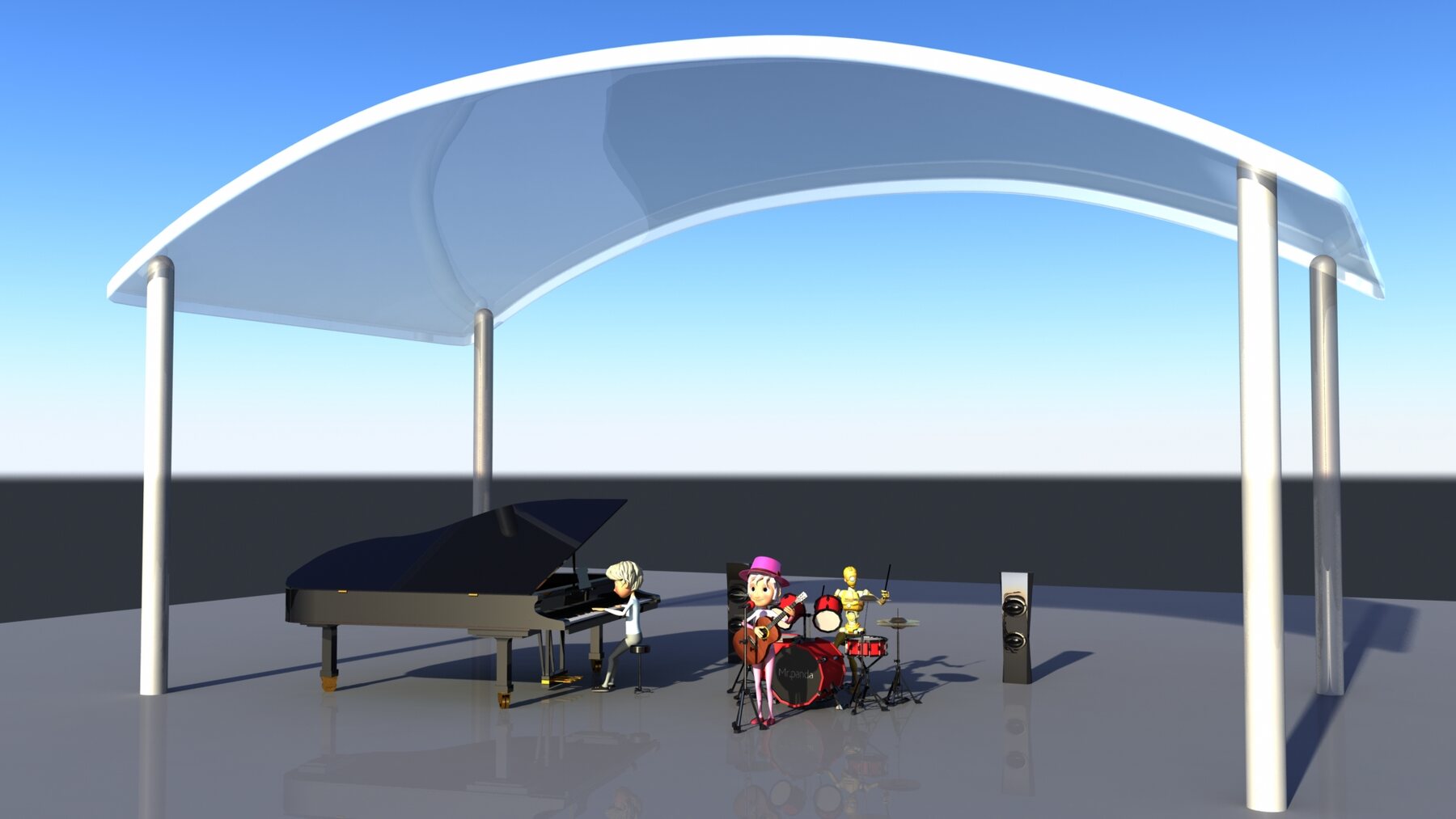 Wide shot of the full band under an architectural canopy stage