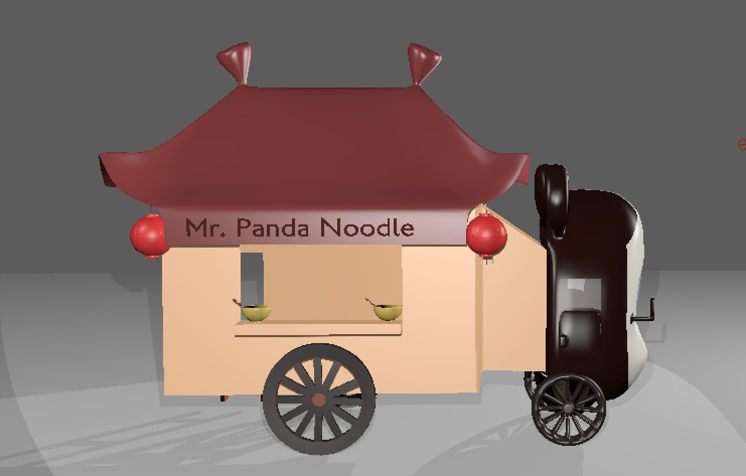 Mr. Panda Noodle cart, side view with panda face and lanterns