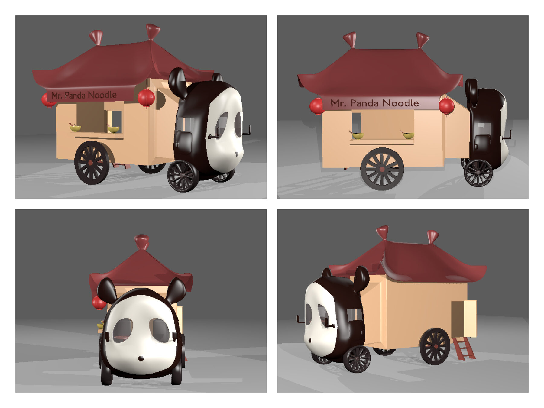 Mr. Panda Noodle cart turnaround sheet showing four angles
