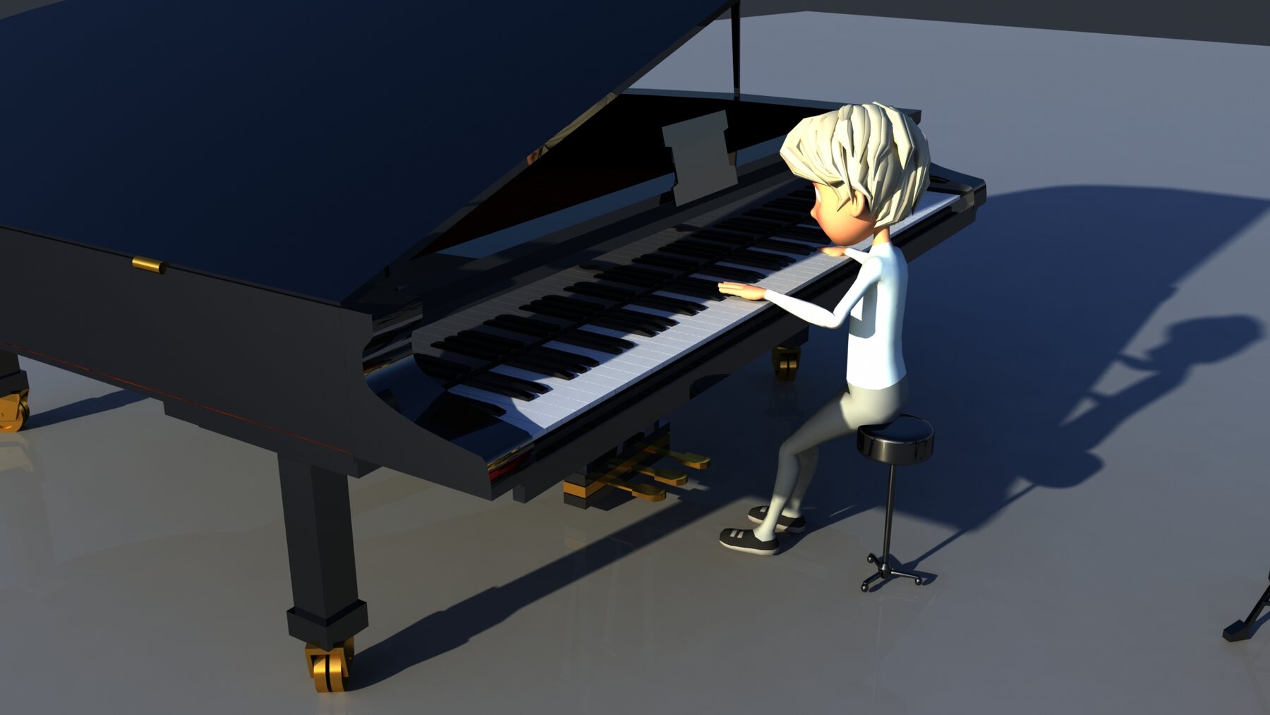 3D rendered character playing a grand piano