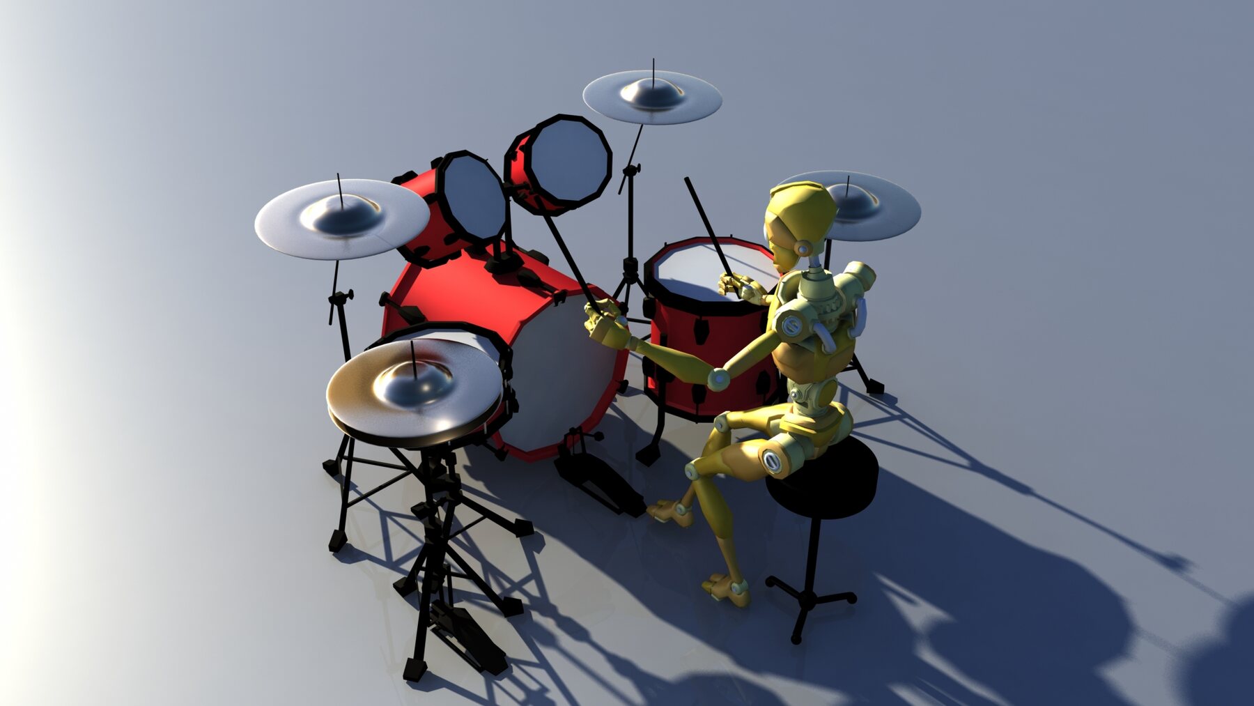 Robot character playing a red drum kit