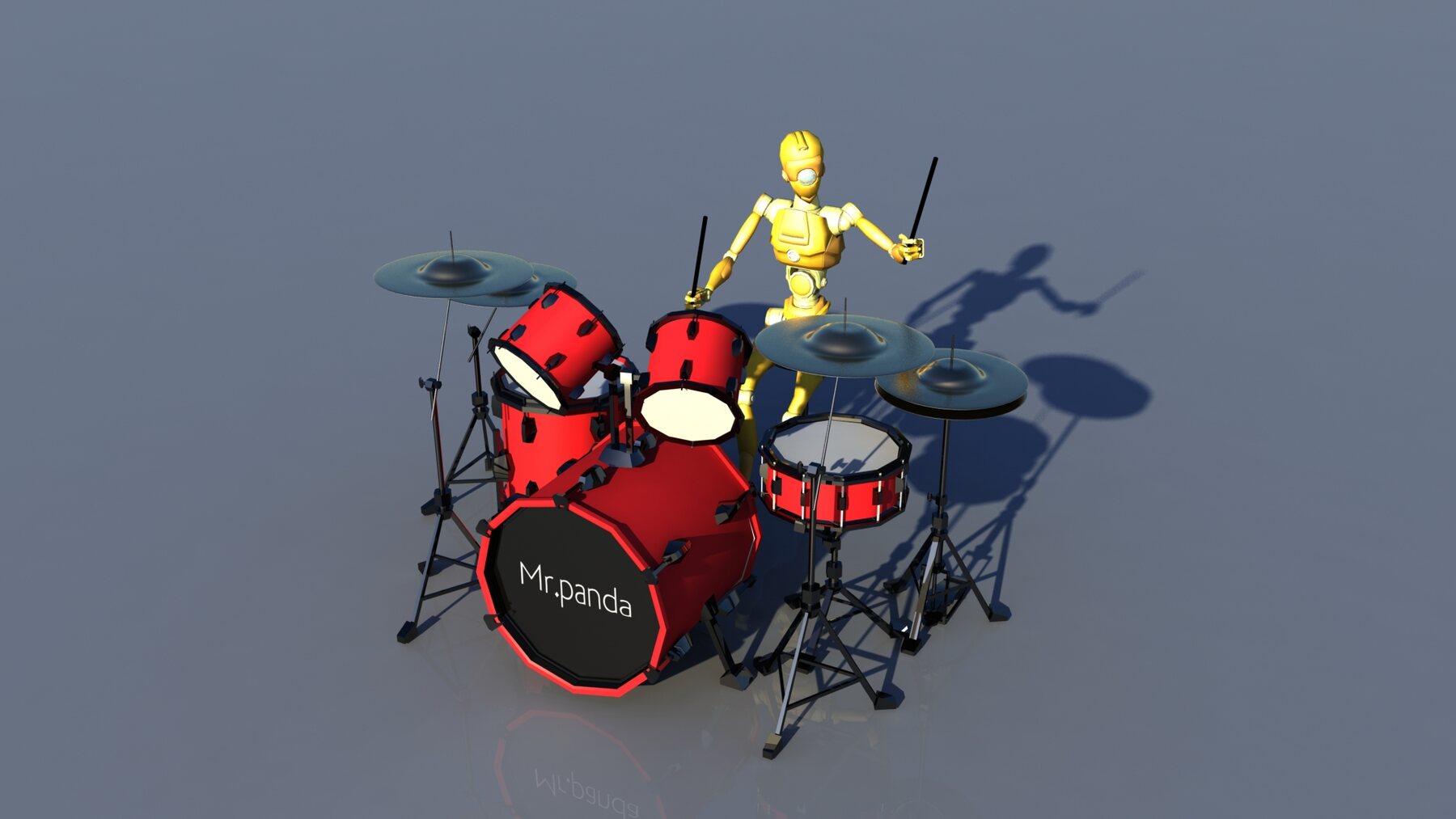 Robot character drumming on a Mr. Panda branded drum kit