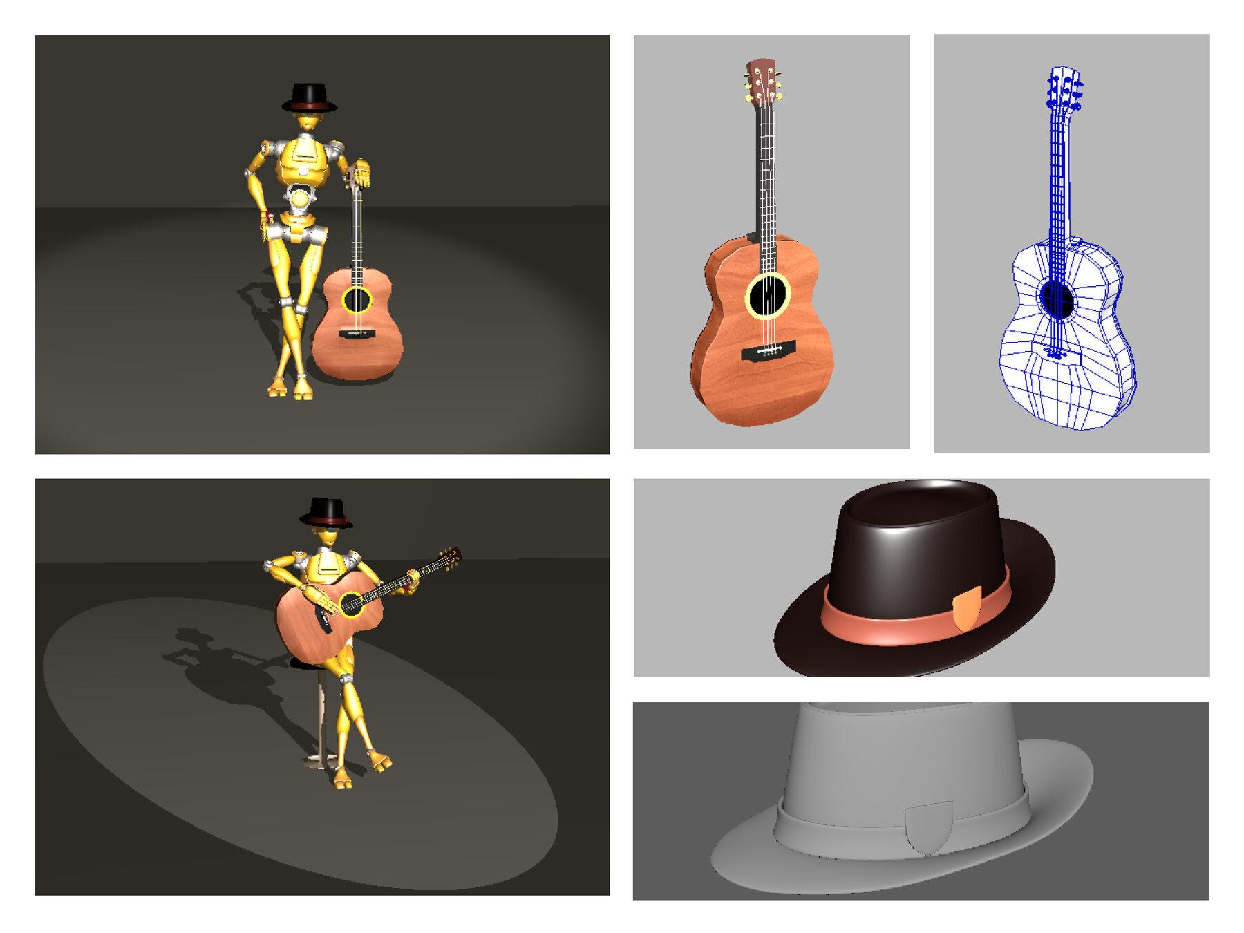 Robot character posed with an acoustic guitar, with guitar and hat model breakdowns