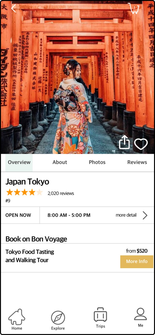 Bon Voyage destination overview screen for Tokyo with ratings, hours and bookable tours