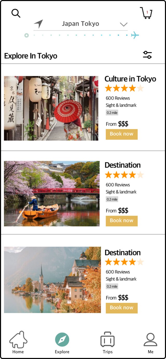 Bon Voyage explore screen listing nearby sights and activities