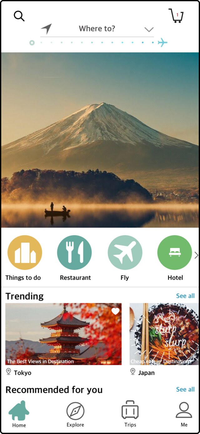 Bon Voyage home screen with trending destinations and quick category shortcuts