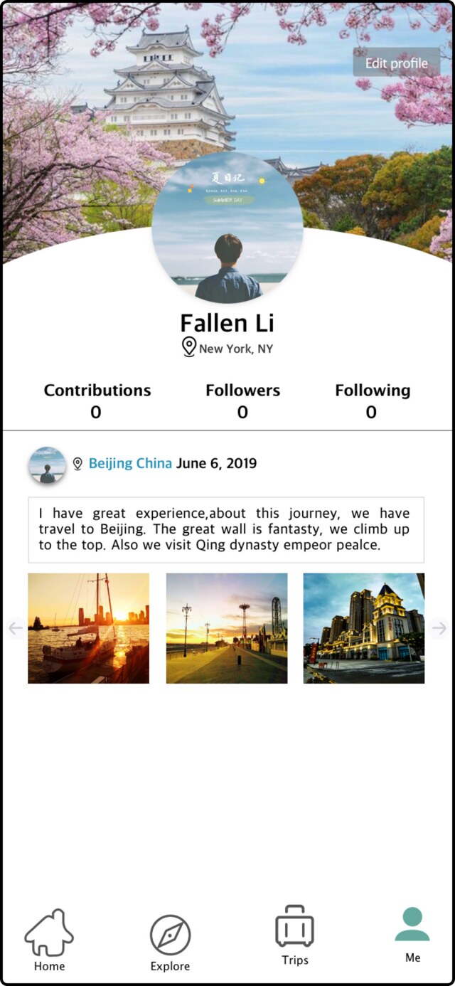 Bon Voyage profile screen with travel journal entry and photos