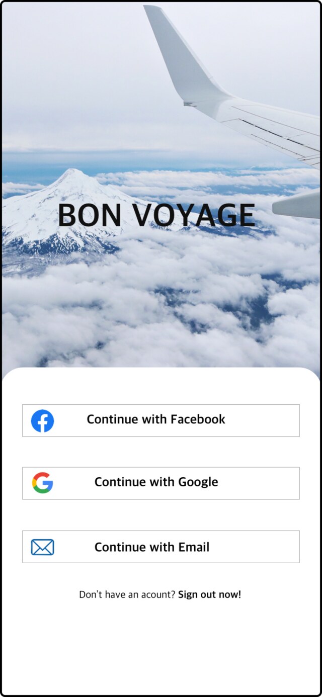 Bon Voyage welcome screen with continue with Facebook, Google or Email options
