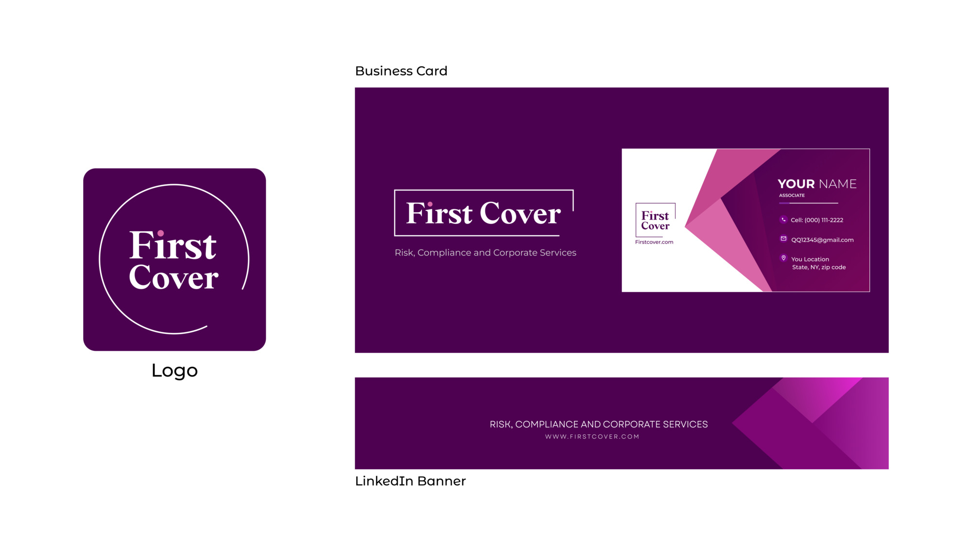 First Cover brand guidelines showing logo, business card and LinkedIn banner