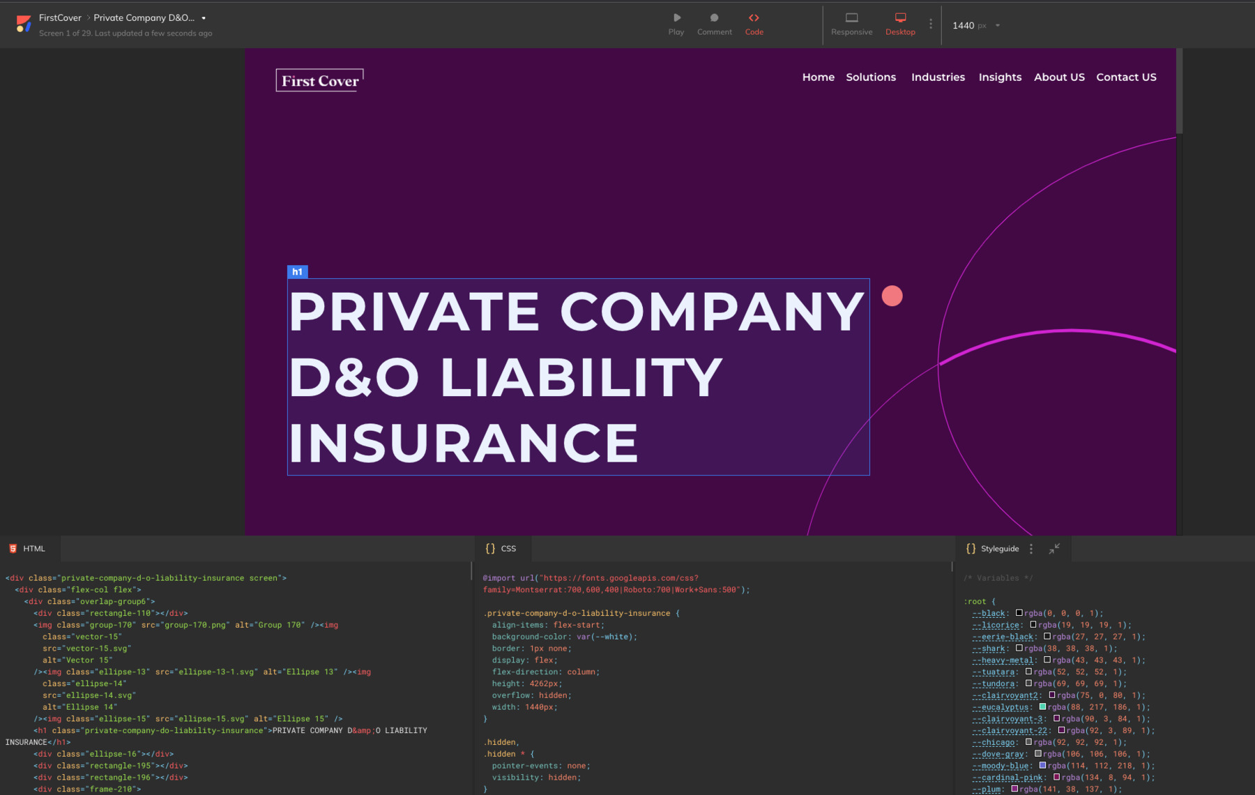 Anima code export showing HTML, CSS and styleguide for a First Cover insurance product page
