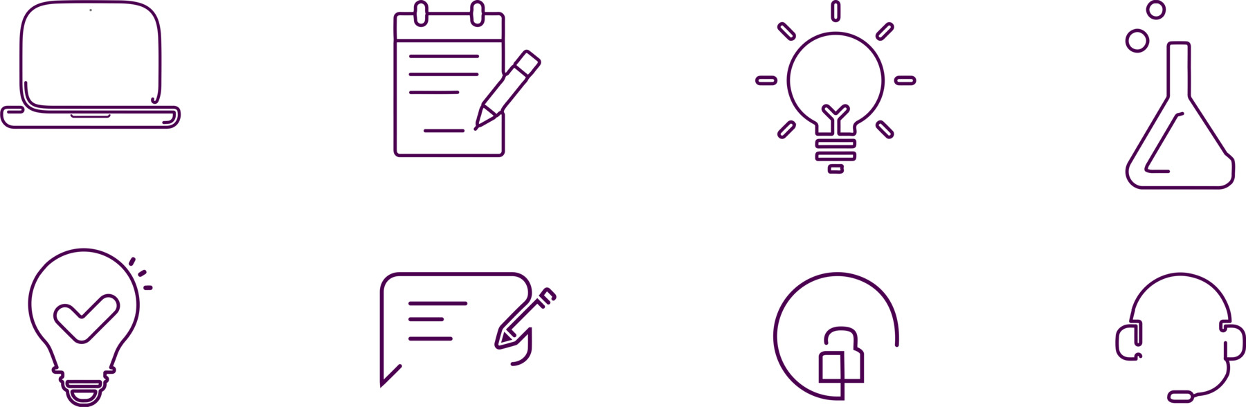 Unified line icon set for First Cover including laptop, notes, lightbulb, flask and headset icons