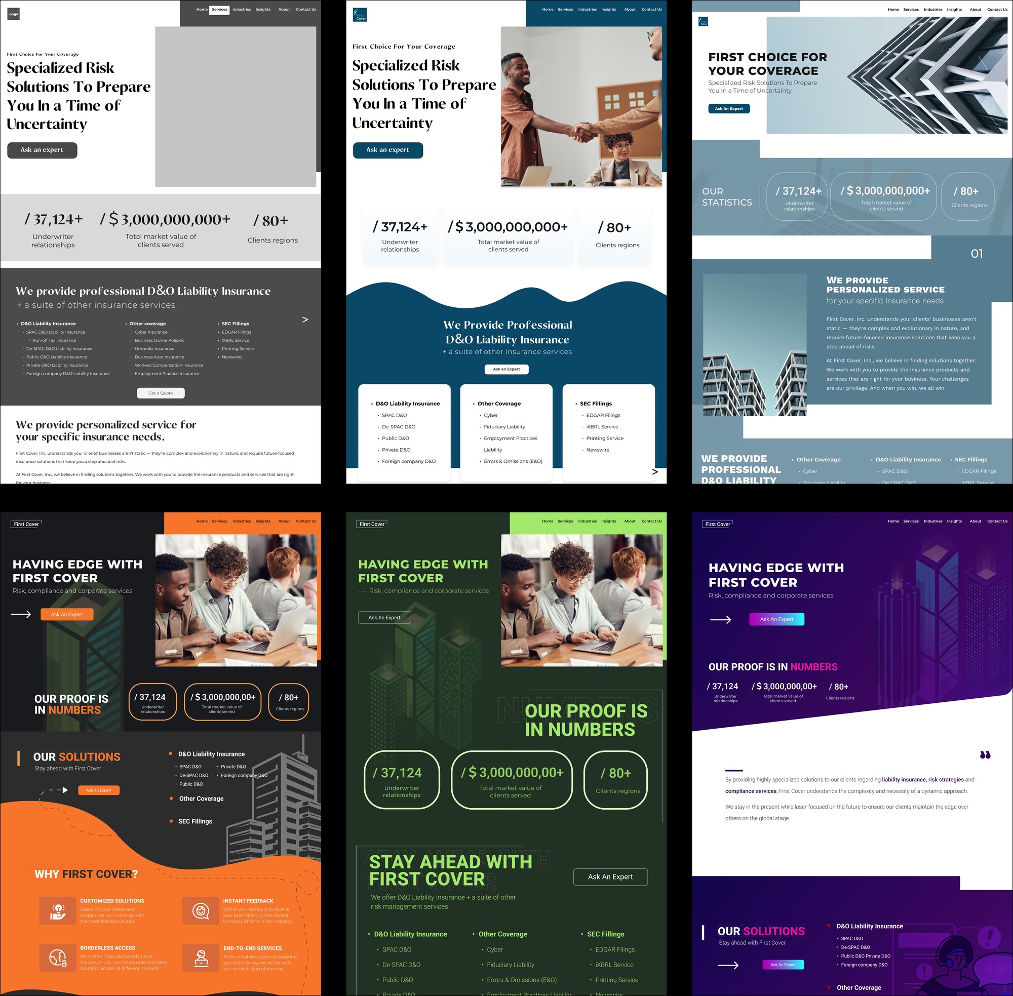 Six early homepage direction explorations for First Cover in different color schemes