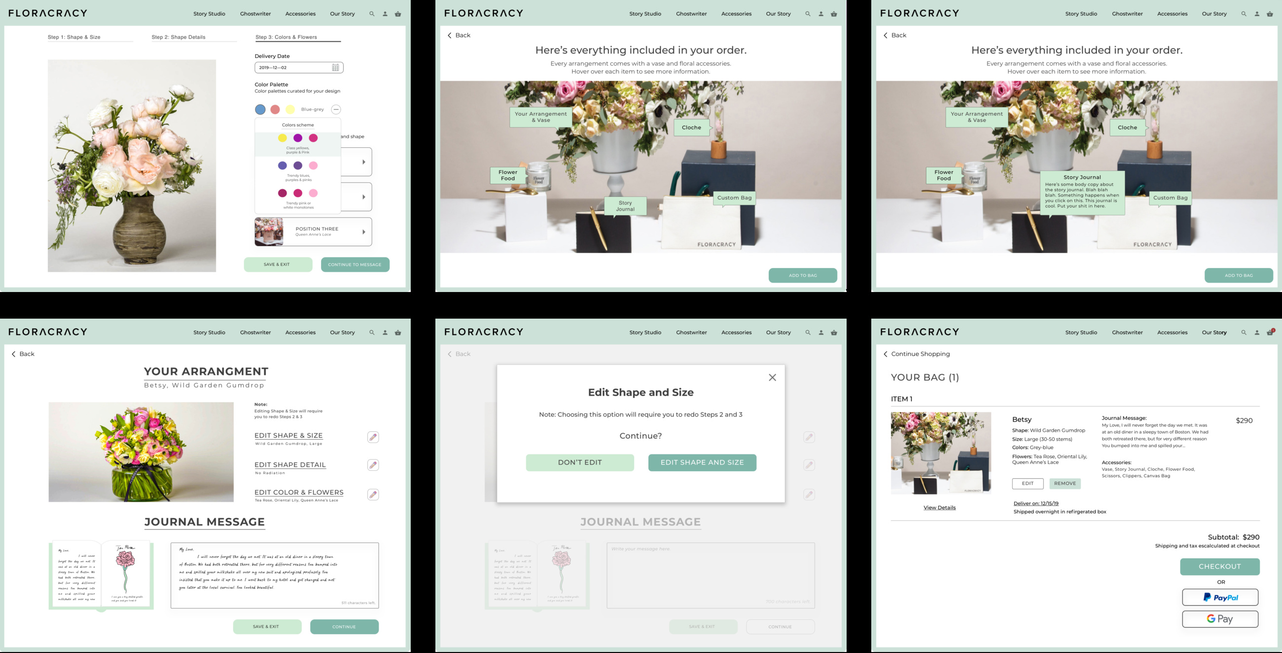 Final high-fidelity screens for the Floracracy arrangement builder, order summary, editing modal and checkout