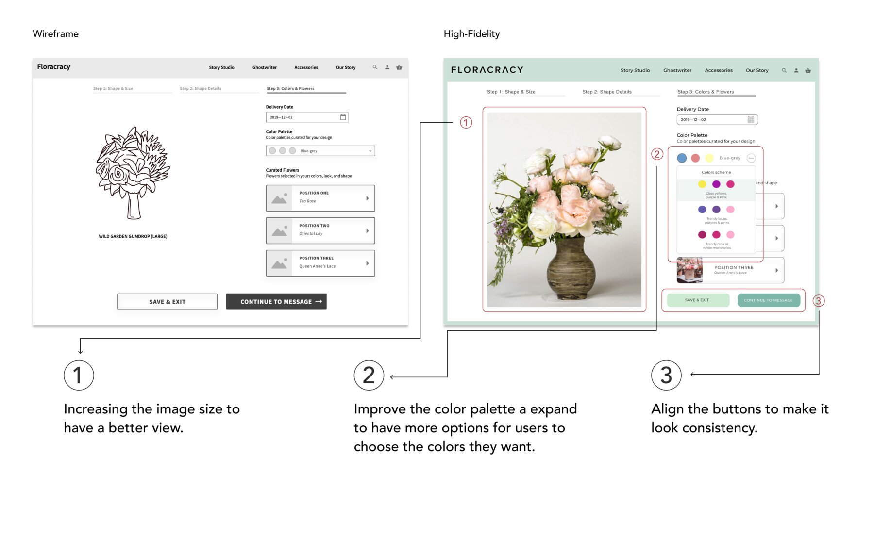 Wireframe to high-fidelity comparison for the Colors and Flowers step