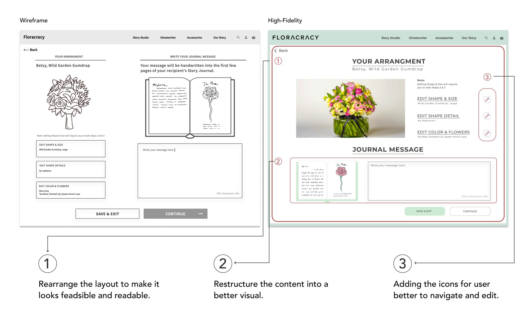 Wireframe to high-fidelity comparison for the arrangement and journal message step