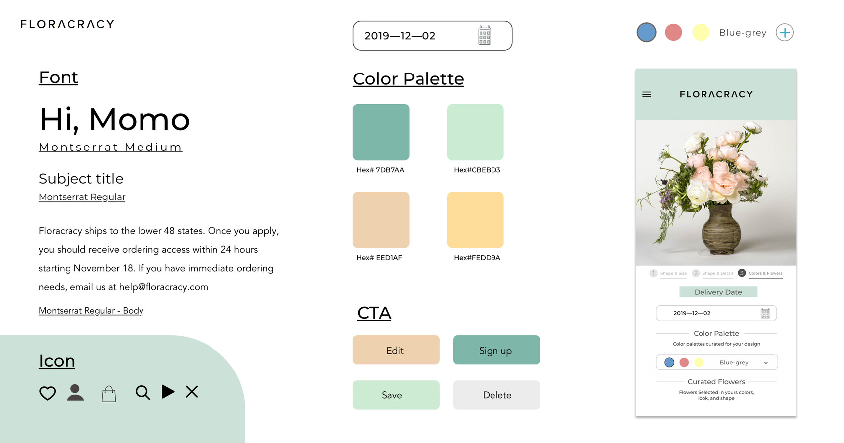 Floracracy style tile showing font, color palette, CTA buttons and icons