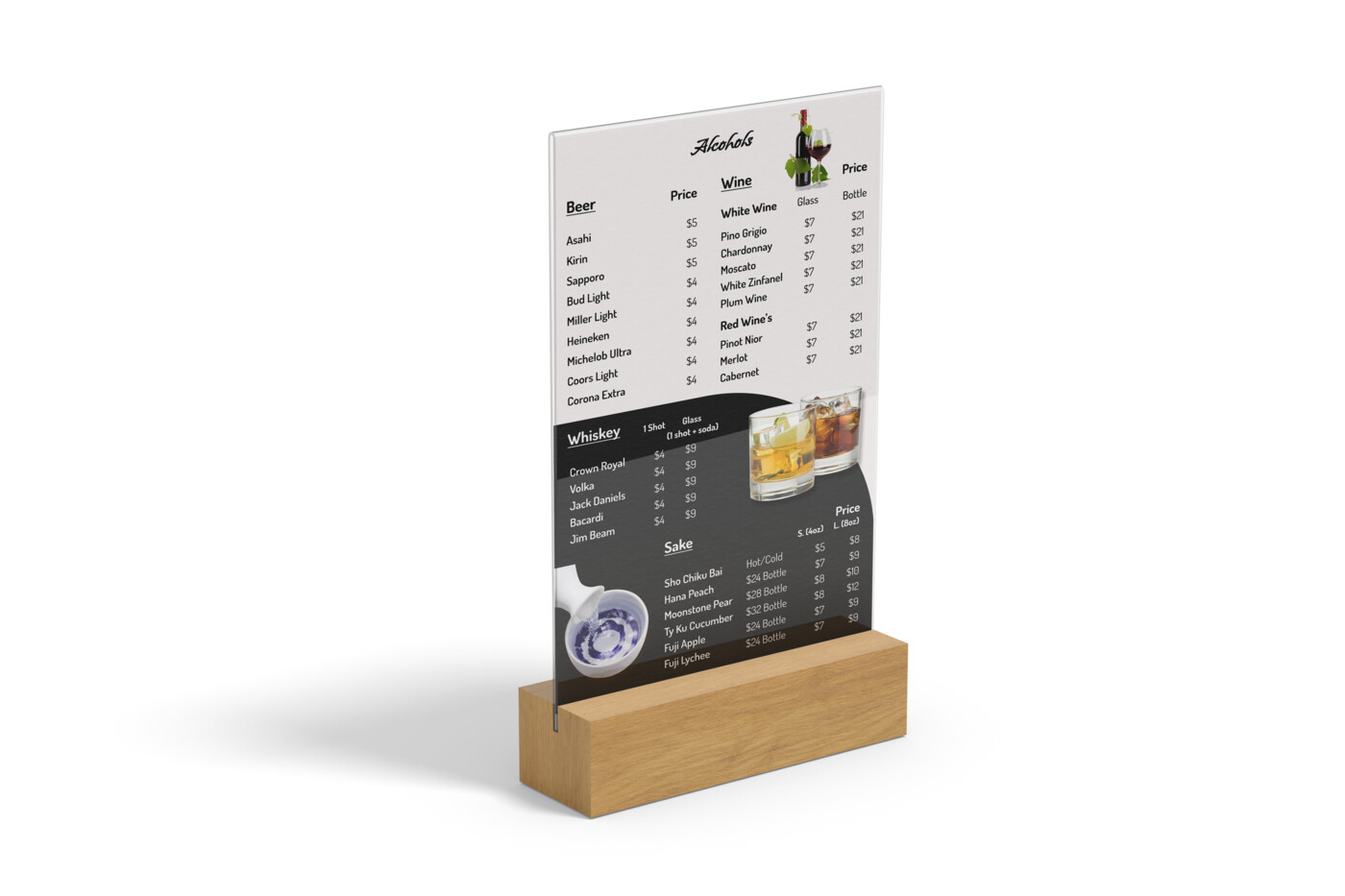 Just Pho You drink menu table tent card design with beer, wine, whiskey and sake