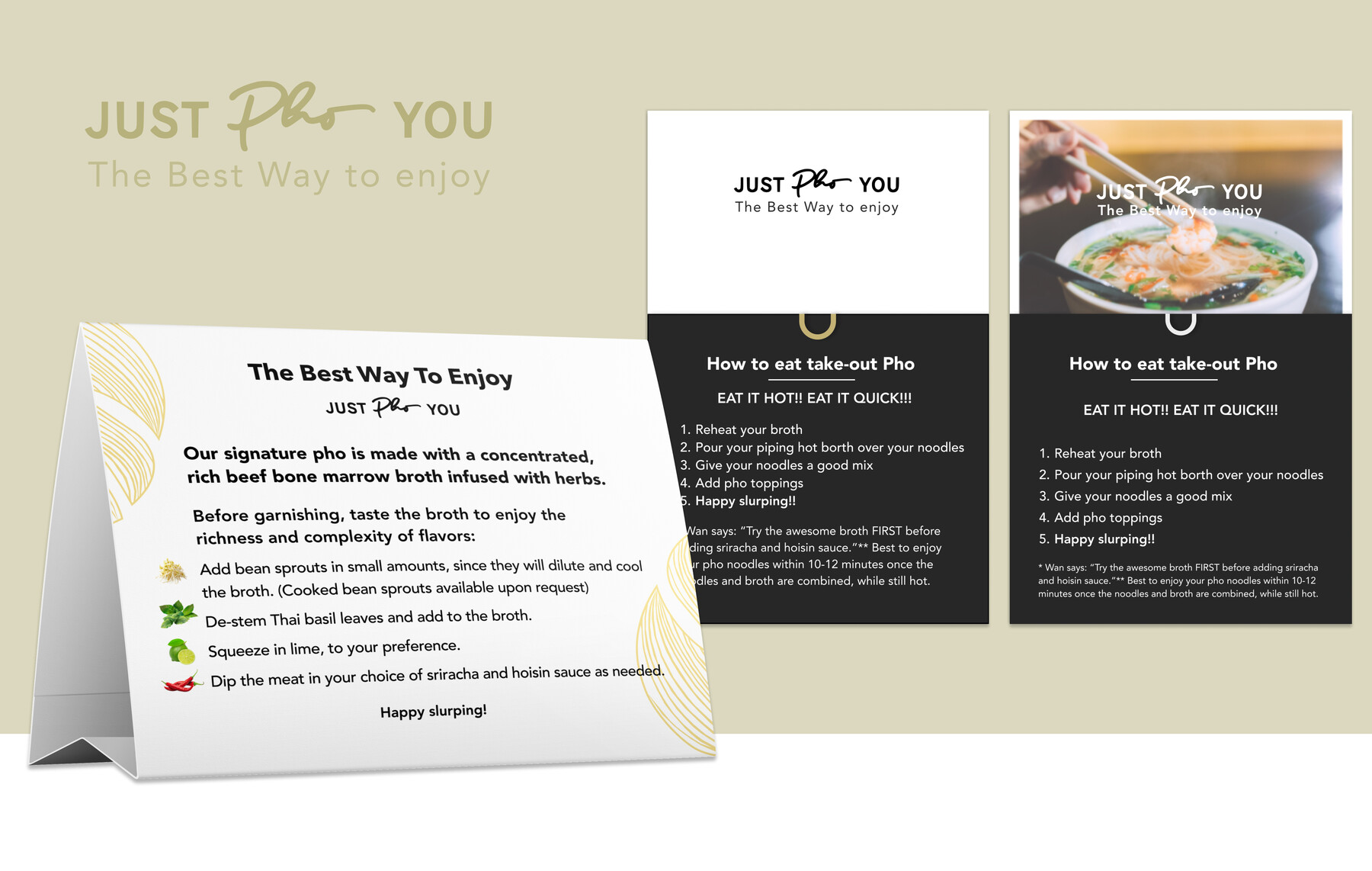 Just Pho You menu and table tent card design