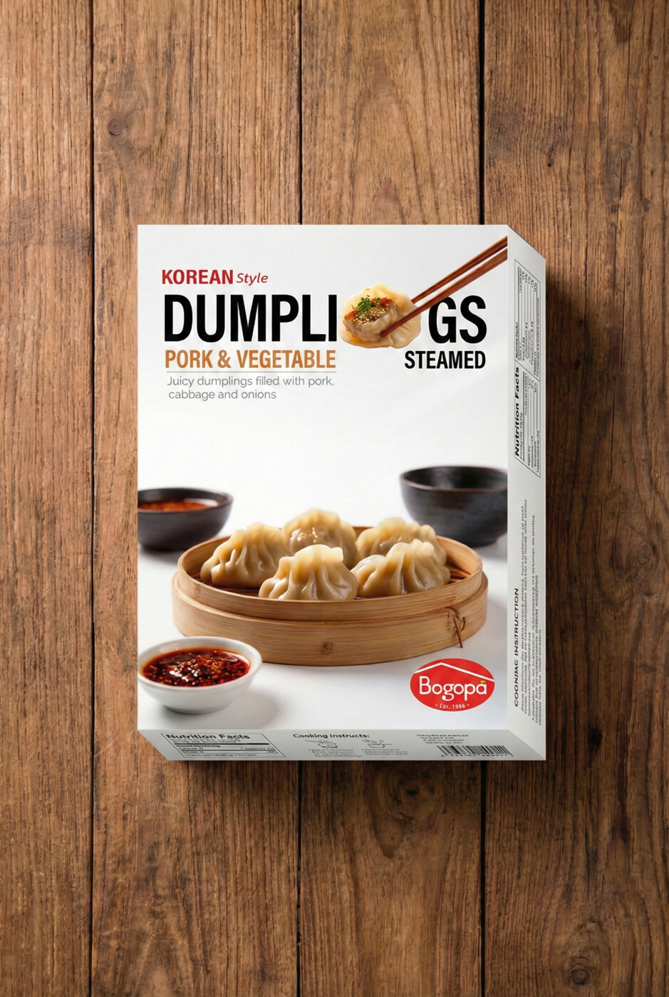 Korean style dumplings packaging box design on a wood surface