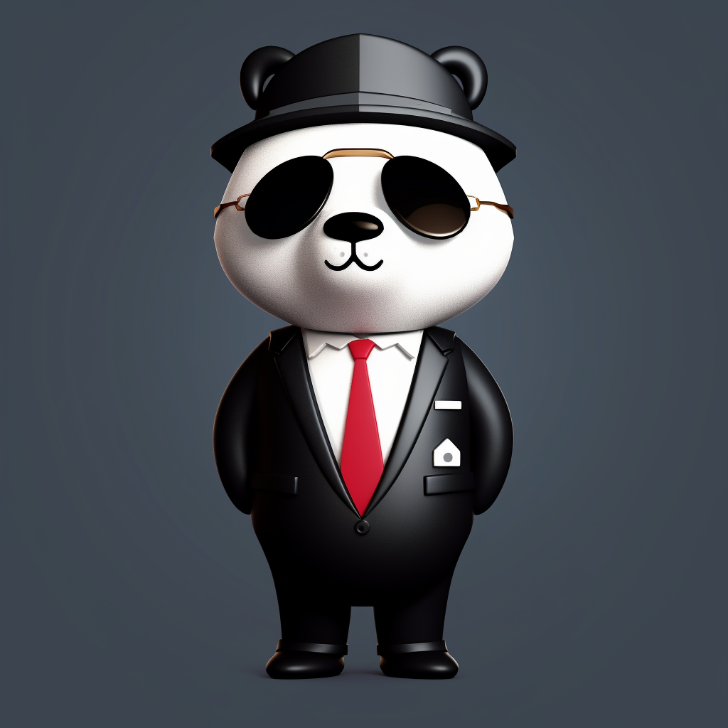 Mr. Panda 3D character wearing a black suit, hat and round sunglasses