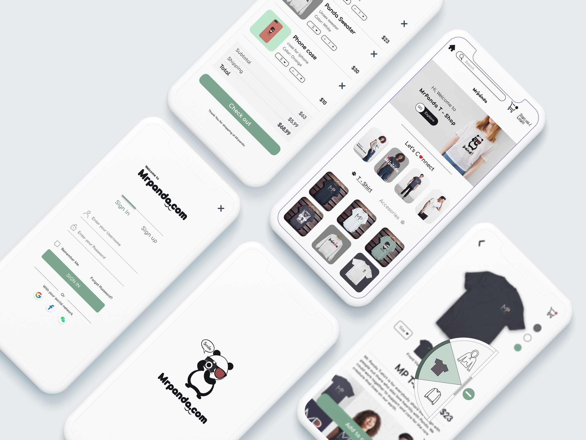 Mr. Panda merchandise shop mobile app and t-shirt mockups