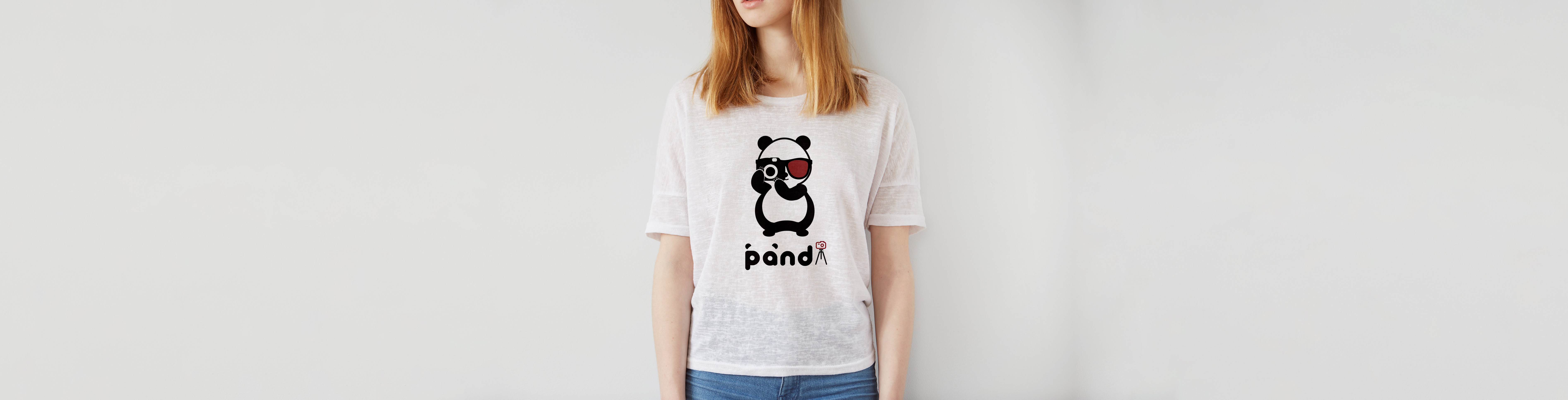 Mr. Panda logo printed on a white t-shirt worn by a model