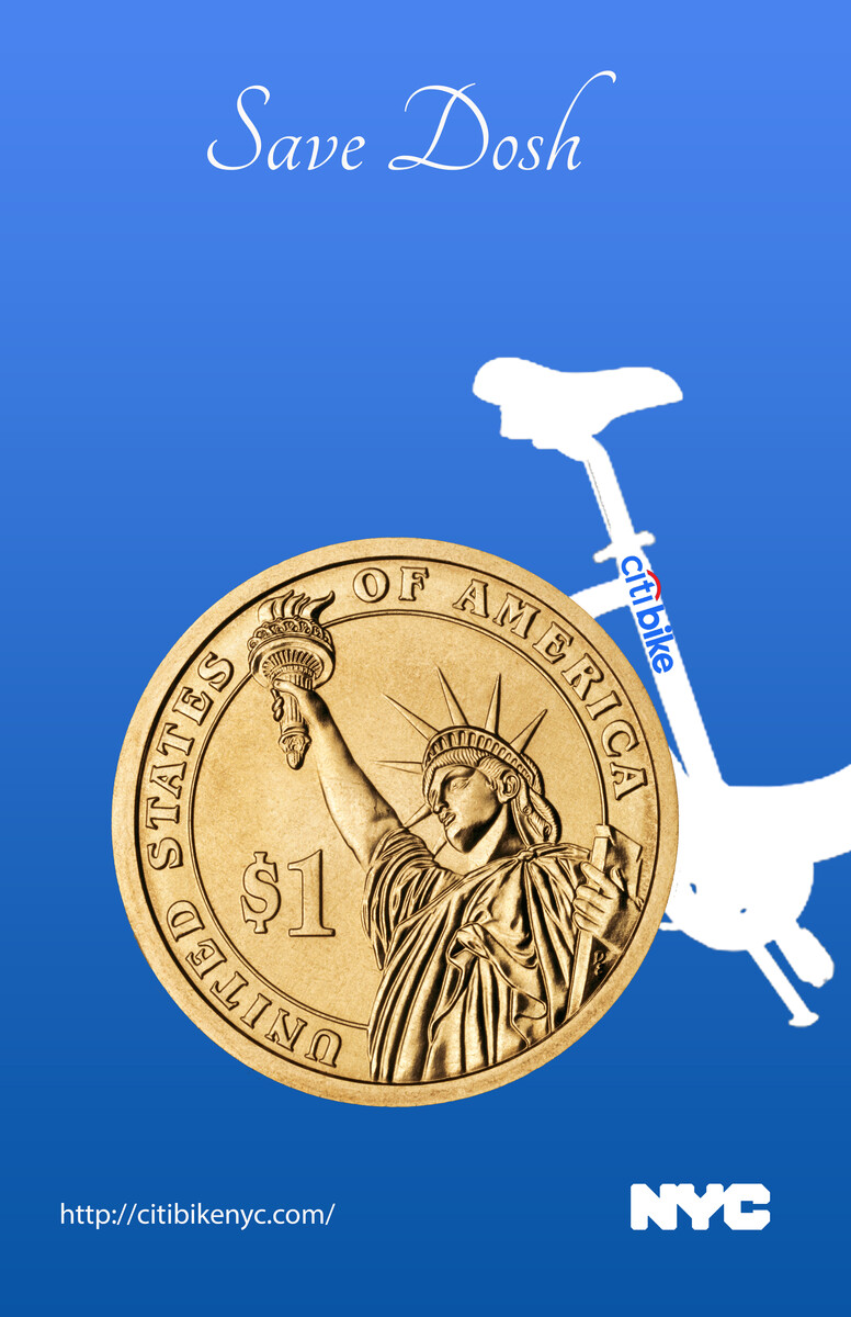 CitiBike NYC ad poster with the slogan Save Dosh, featuring a dollar coin