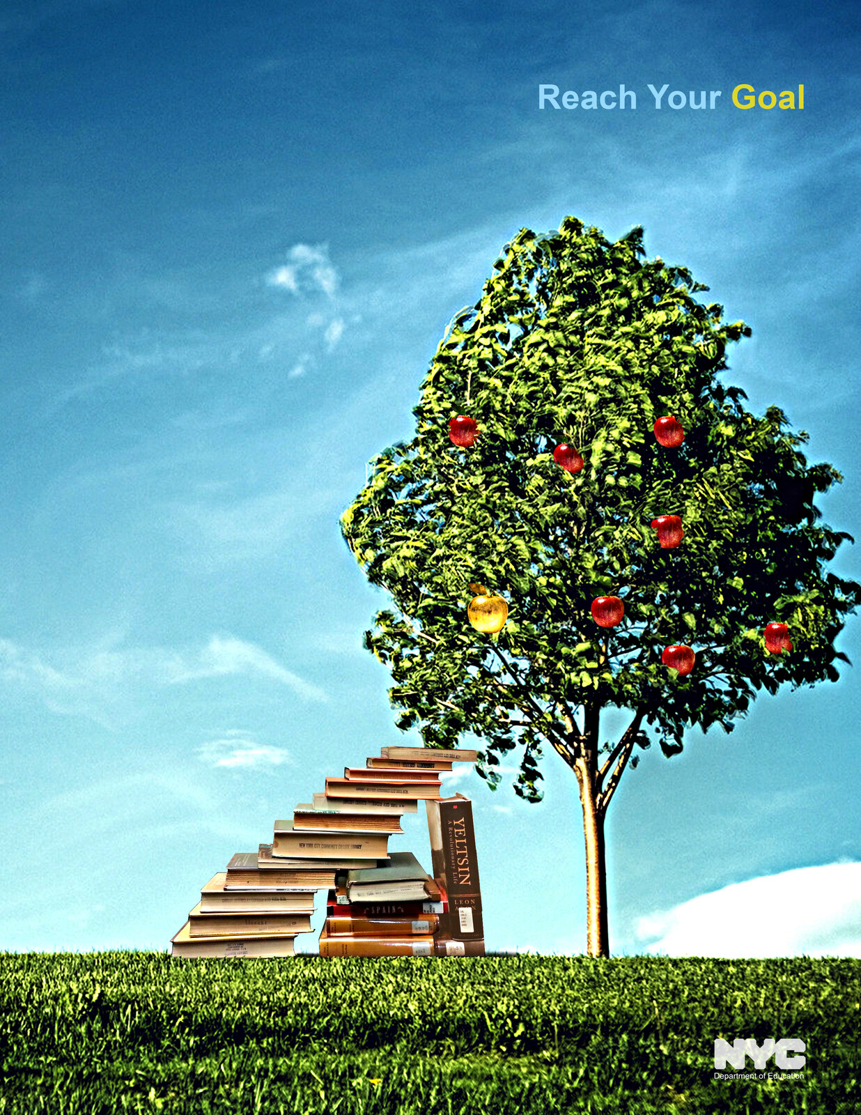 Reach Your Goal poster with a tree of apples and a staircase of books