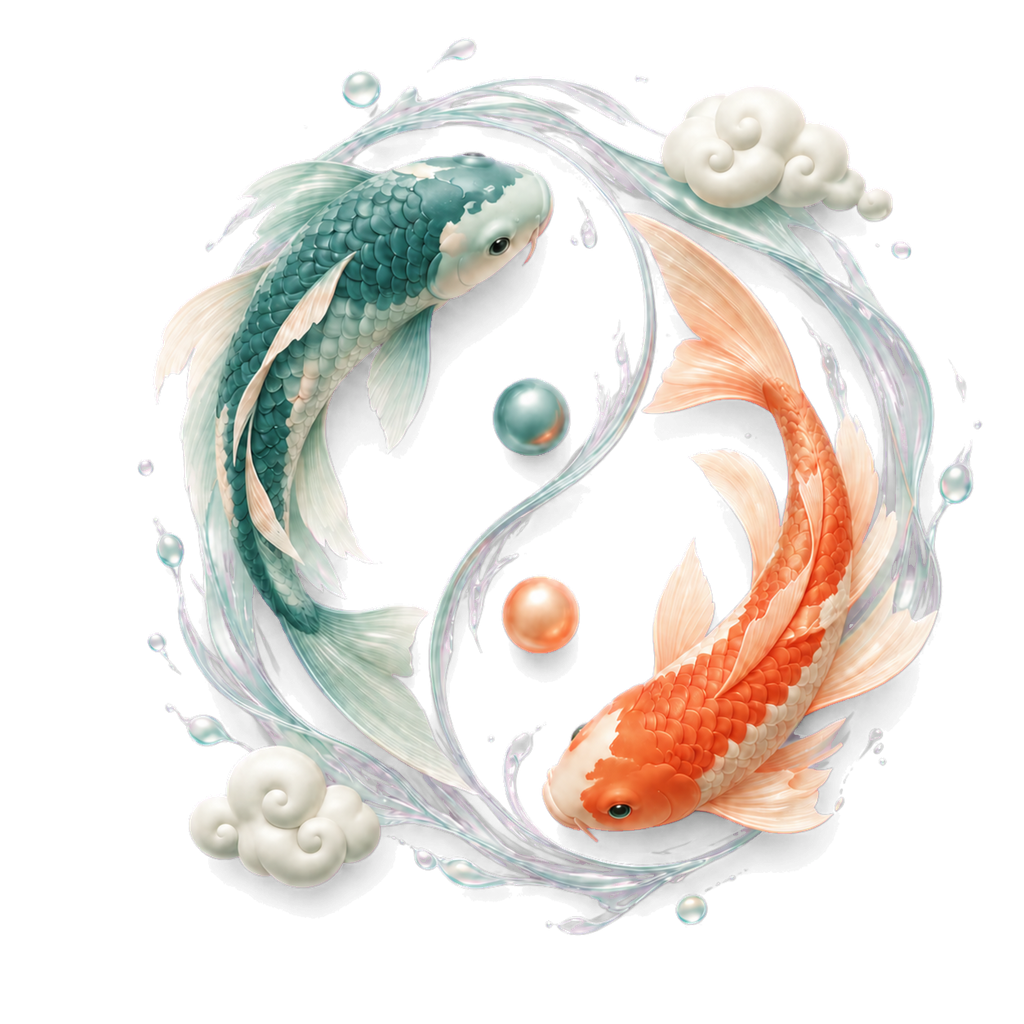 Two koi fish forming a yin-yang pattern surrounded by water swirls, clouds and pearls