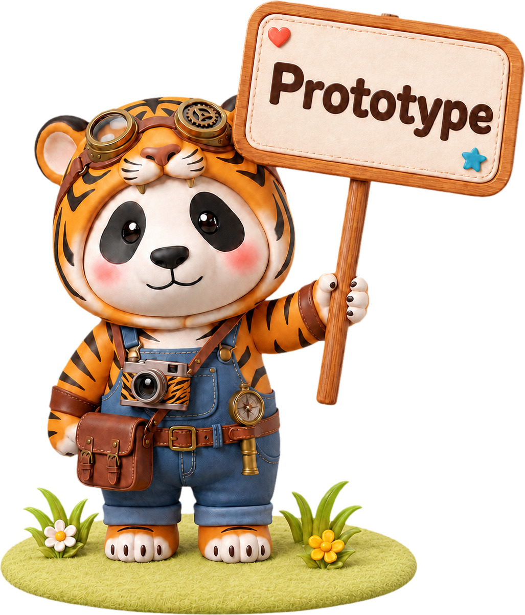 Bao in a tiger skin, holding up a Prototype sign