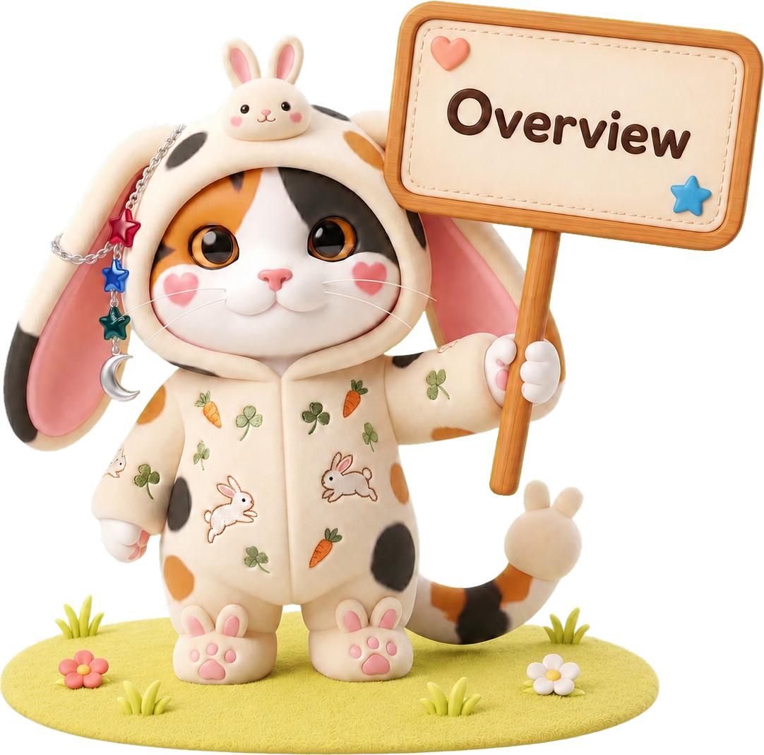 Sugar, dressed in a rabbit zodiac skin and holding up an Overview sign