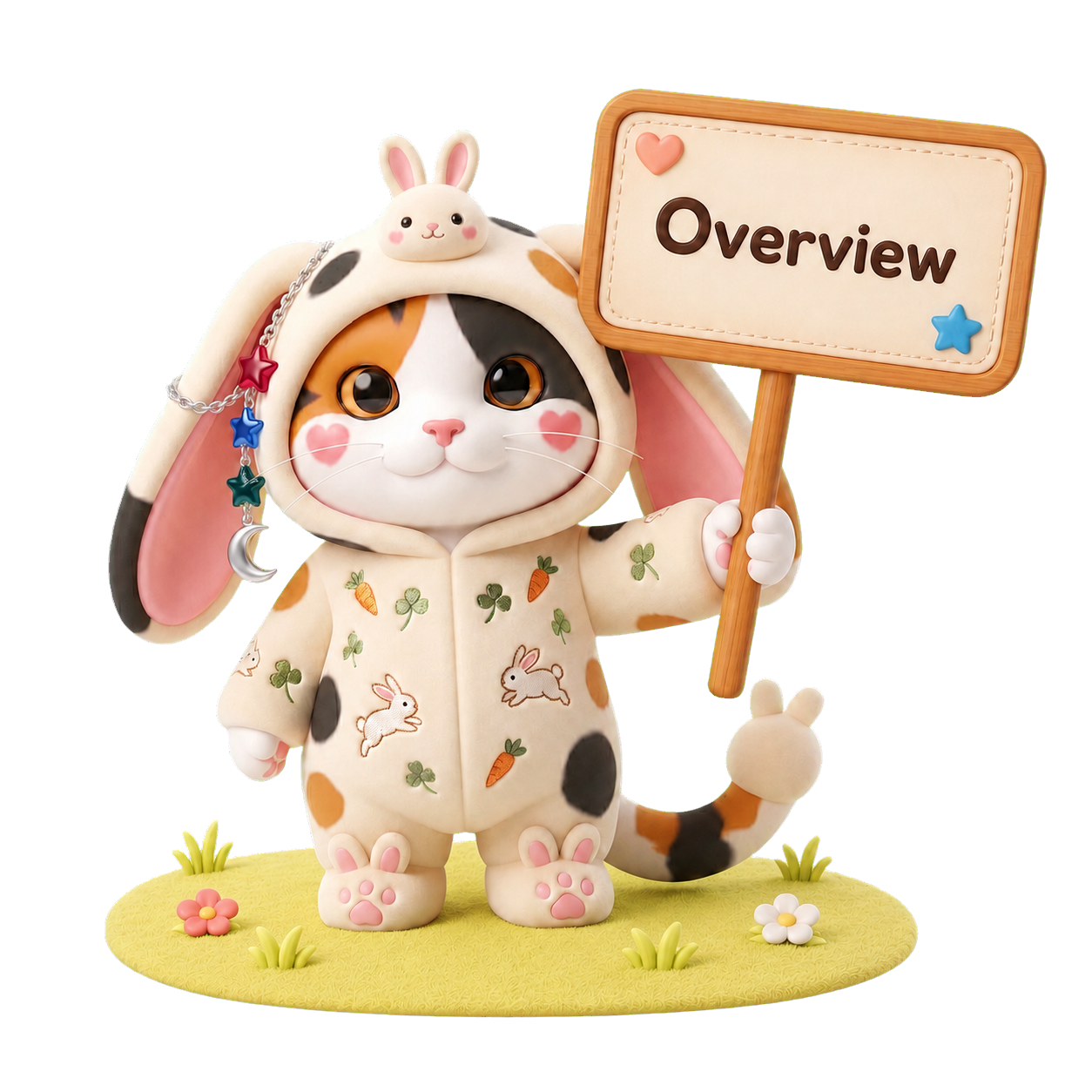 Sugar, dressed in a rabbit zodiac skin and holding up an Overview sign