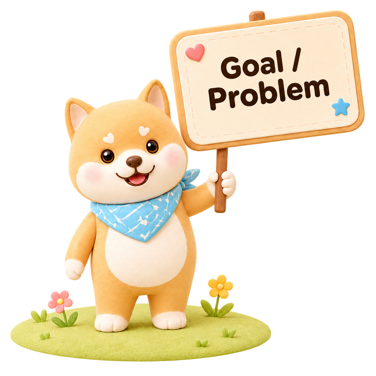 Mochi, holding up a Goal and Problem sign to kick off the journey