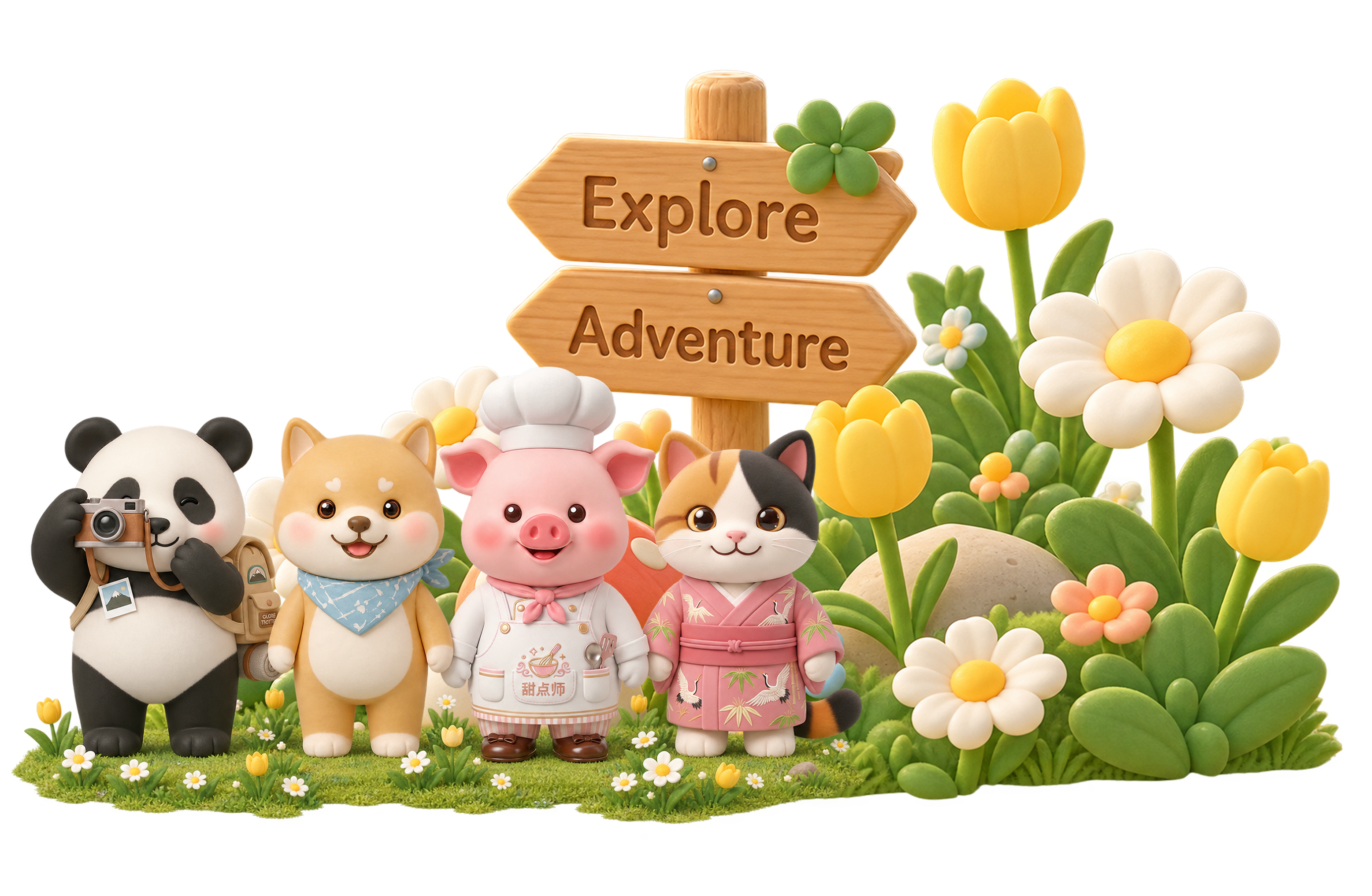 Mochi, Sugar, Bao and Pudding standing together on the grass next to an Explore and Adventure signpost
