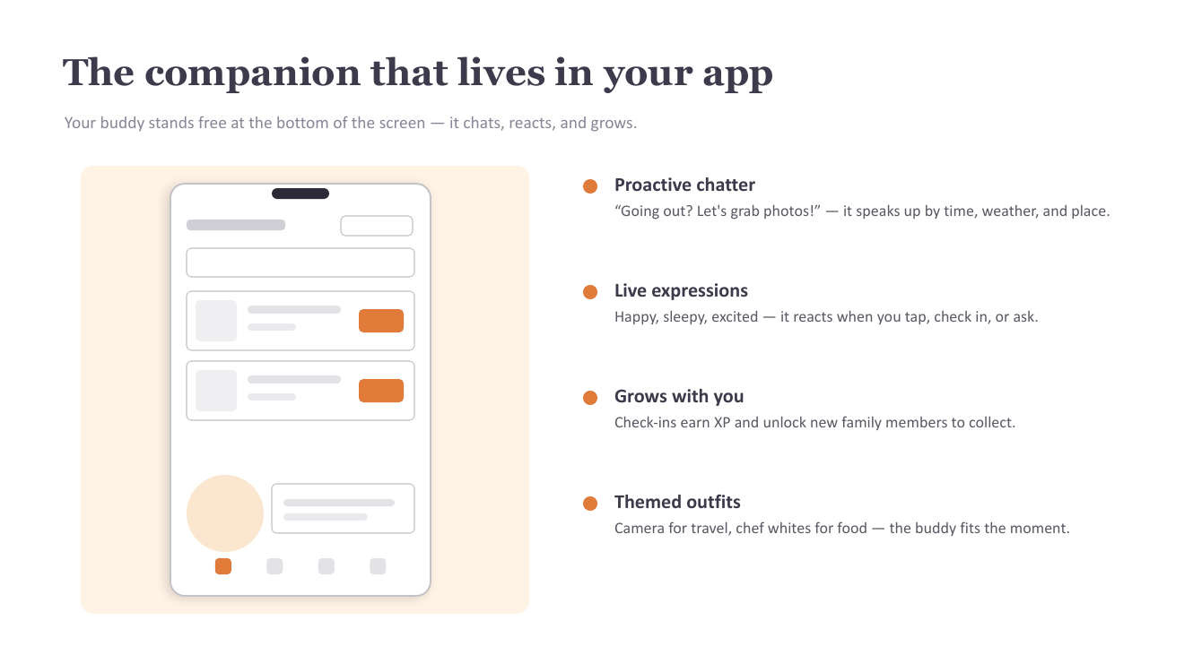 PetPal companion concept: the buddy standing at the bottom of the home screen with proactive chatter, live expressions, growth and themed outfits