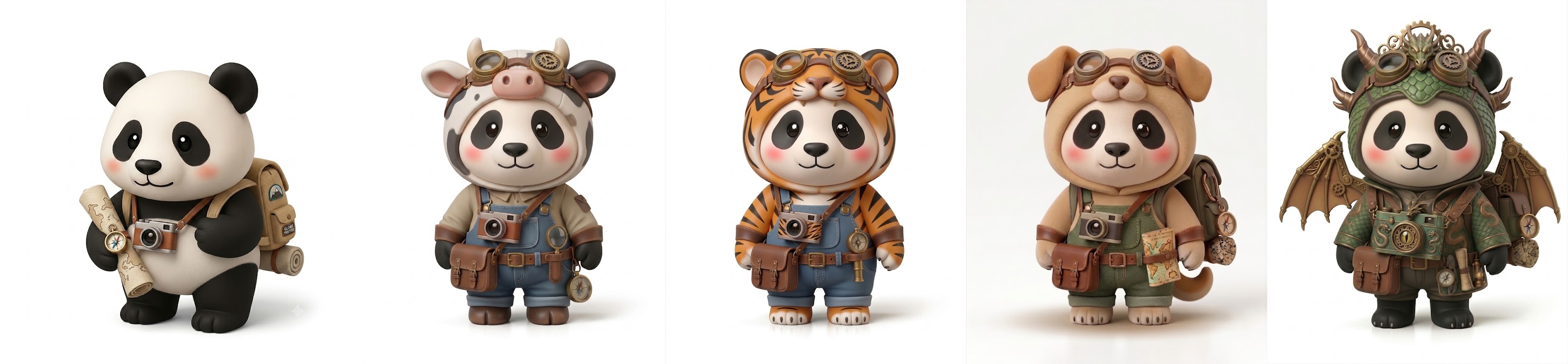 Bao the panda shown in five zodiac-themed explorer costume skins in a row: an explorer with map and compass, cow, tiger, dog-goggles and dragon outfit