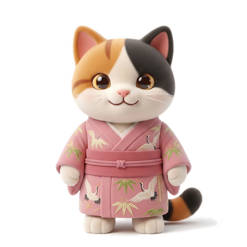 Sugar the calico kitten companion wearing a traditional kimono