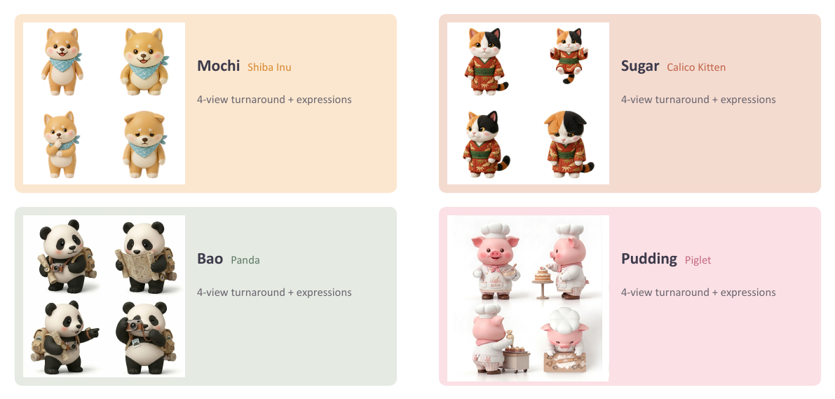 Expressions and poses turnaround sheets for Mochi, Sugar, Bao and Pudding