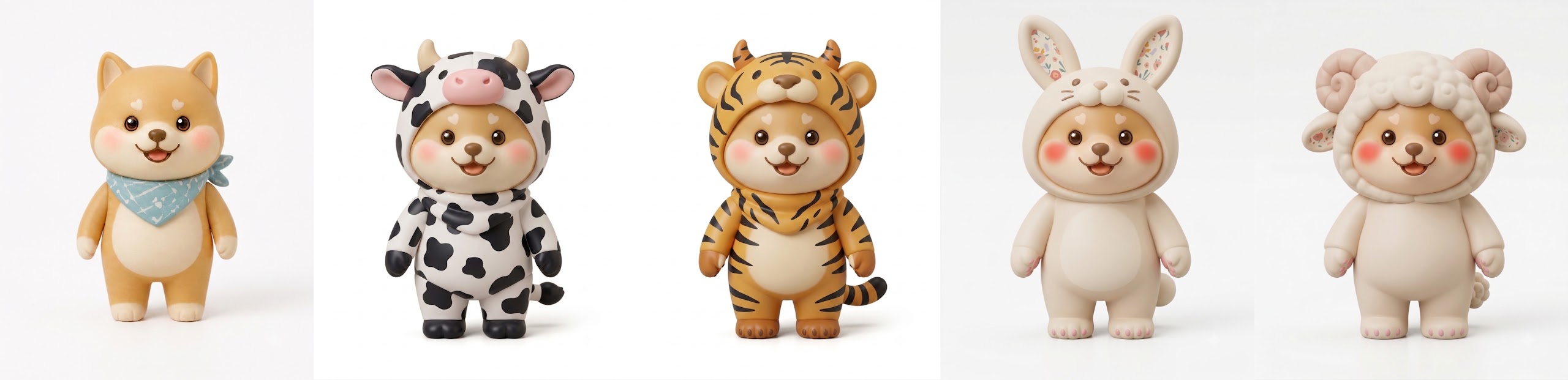 Mochi the Shiba Inu shown in five zodiac-themed costume skins in a row: a bandana look, cow, tiger, rabbit and sheep outfit