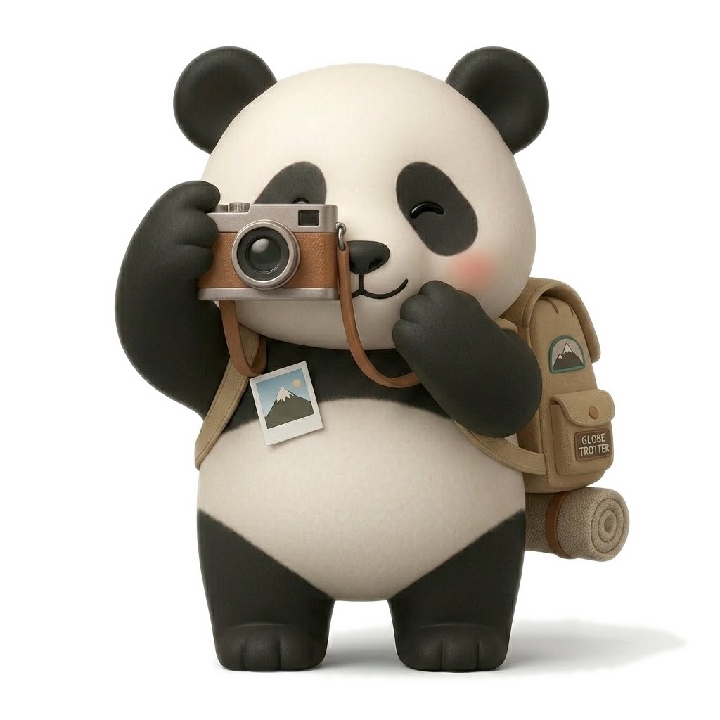 Bao the panda companion holding up a camera, wearing an explorer backpack with a mountain patch and a photo tucked in