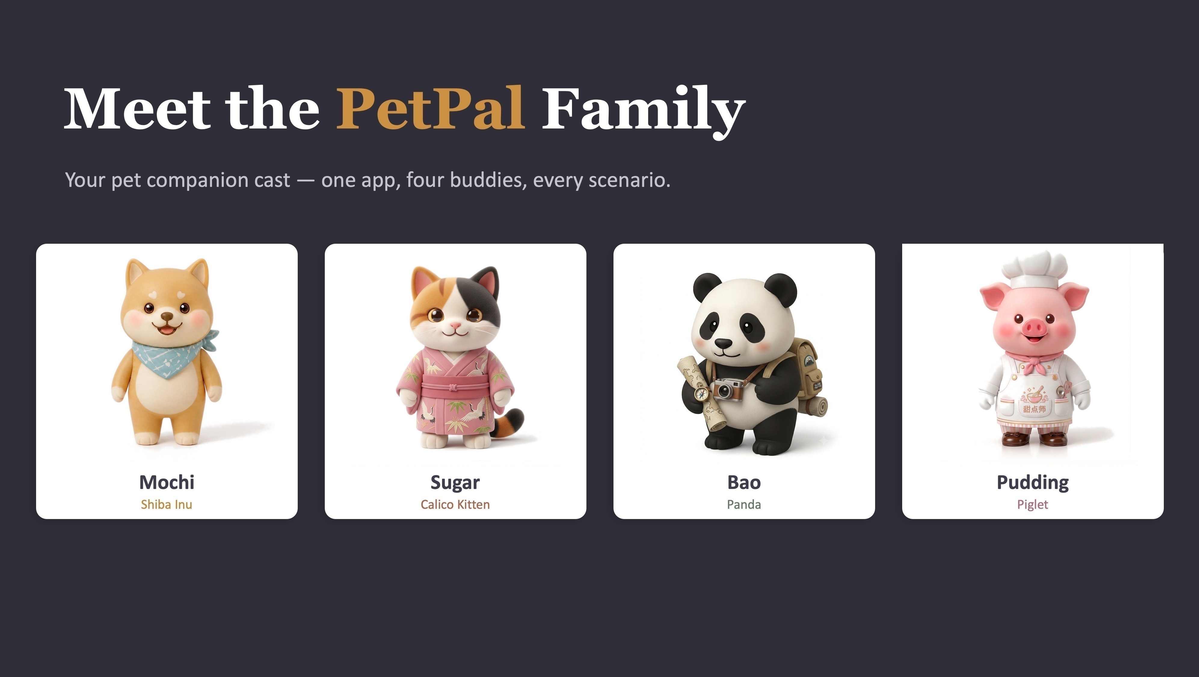 PetPal cover: Mochi, Sugar, Bao and Pudding