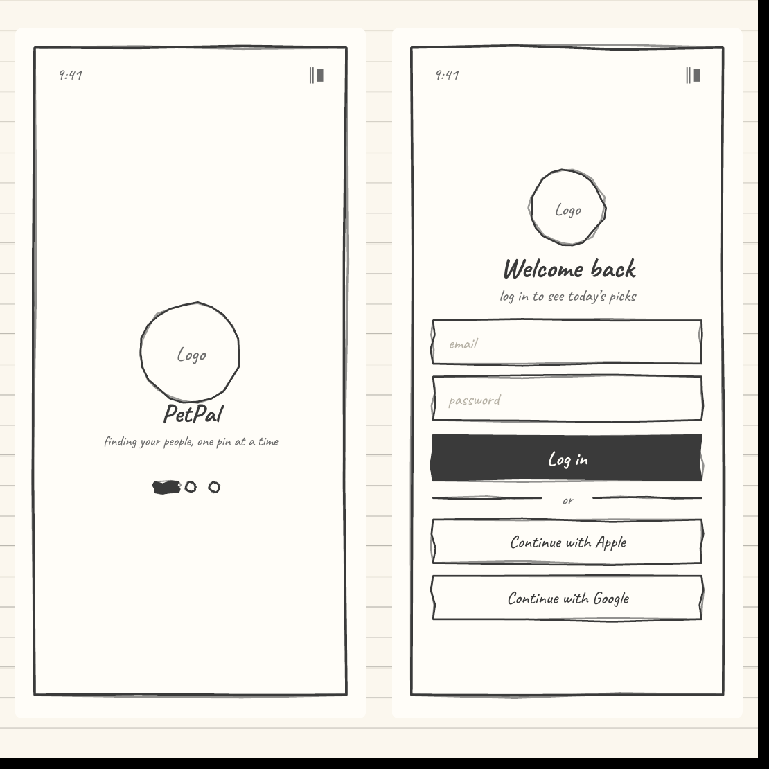 PetPal wireframes 01-02: Splash and Log in / Sign up