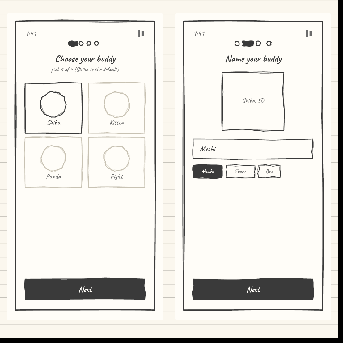 PetPal wireframes 03-04: Choose your buddy and Name your buddy