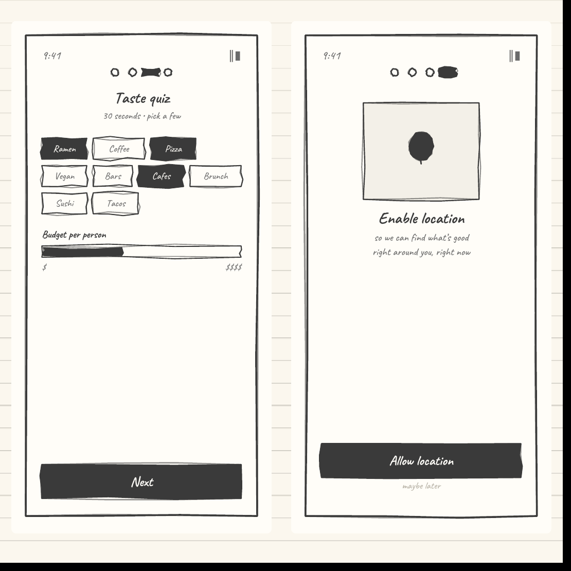 PetPal wireframes 05-06: Taste quiz and Enable location