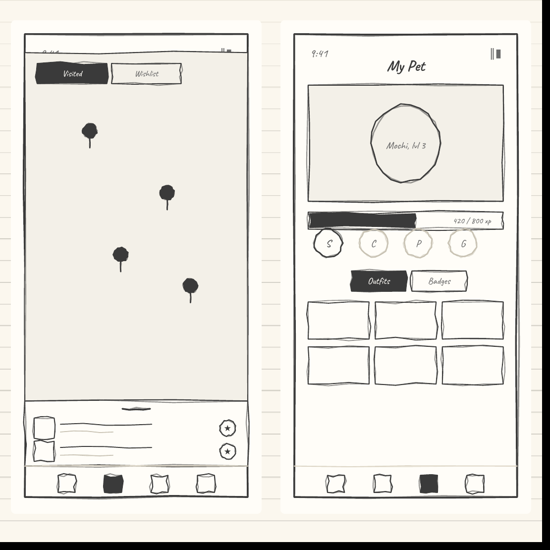 PetPal wireframes 09-10: Check-in map and My Pet (nurturing)