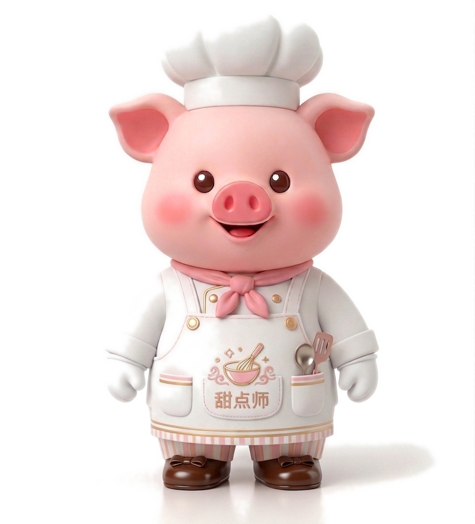 Pudding the piglet companion dressed as a pastry chef in a white toque and pink-trimmed apron