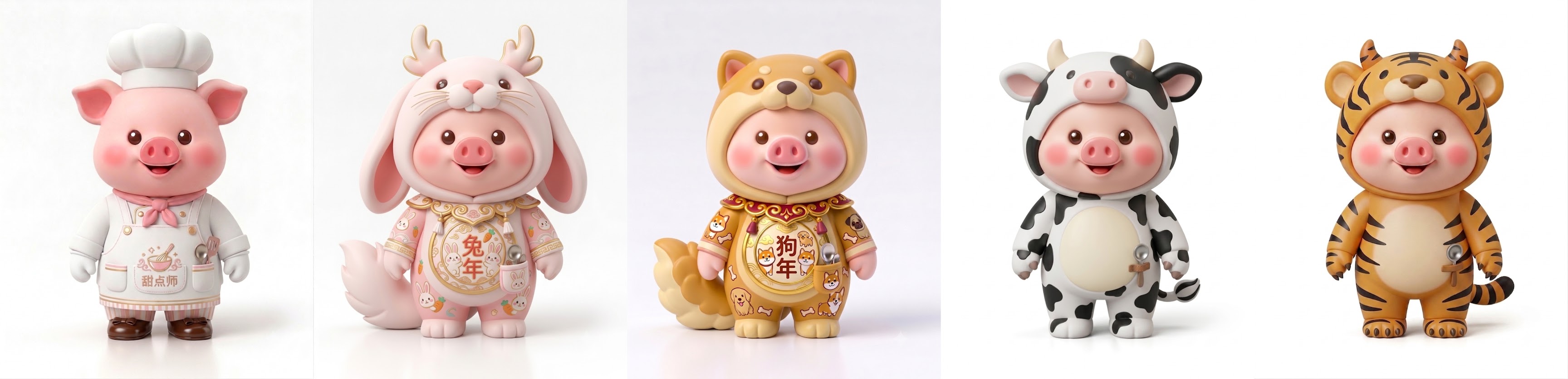 Pudding the piglet shown in five zodiac-themed costume skins in a row: a pastry chef, rabbit-year, dog-year, cow and tiger outfit
